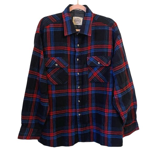 Vintage Saugatuck Drygoods Co Flannel Shirt Mens XL Black Plaid Pockets Buttonup - Picture 1 of 11